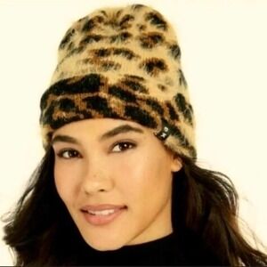 DKNY Fuzzy Leopard Animal Print Beanie Brown Black